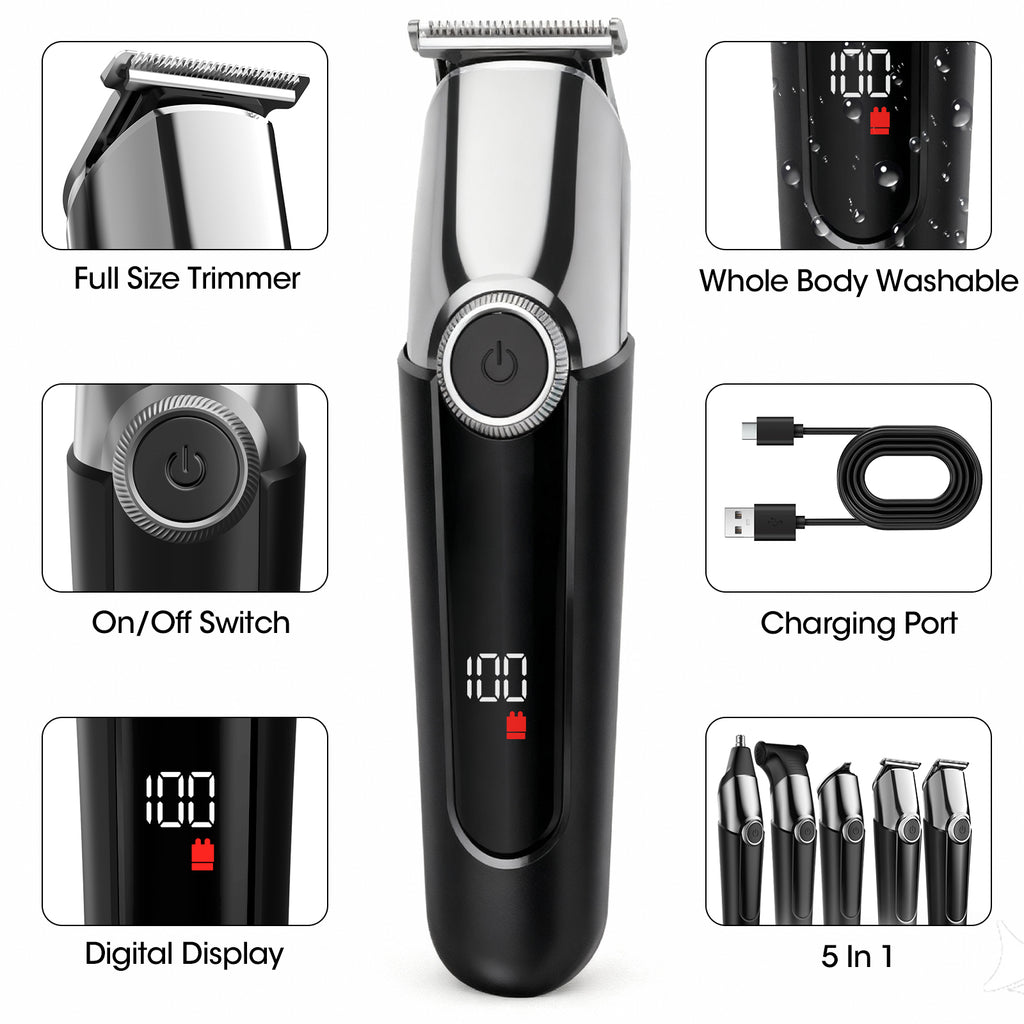 7D24HCARE 5-in-1 Pro Men's Grooming Kit - Cordless, Waterproof Electric Razor with LED Display