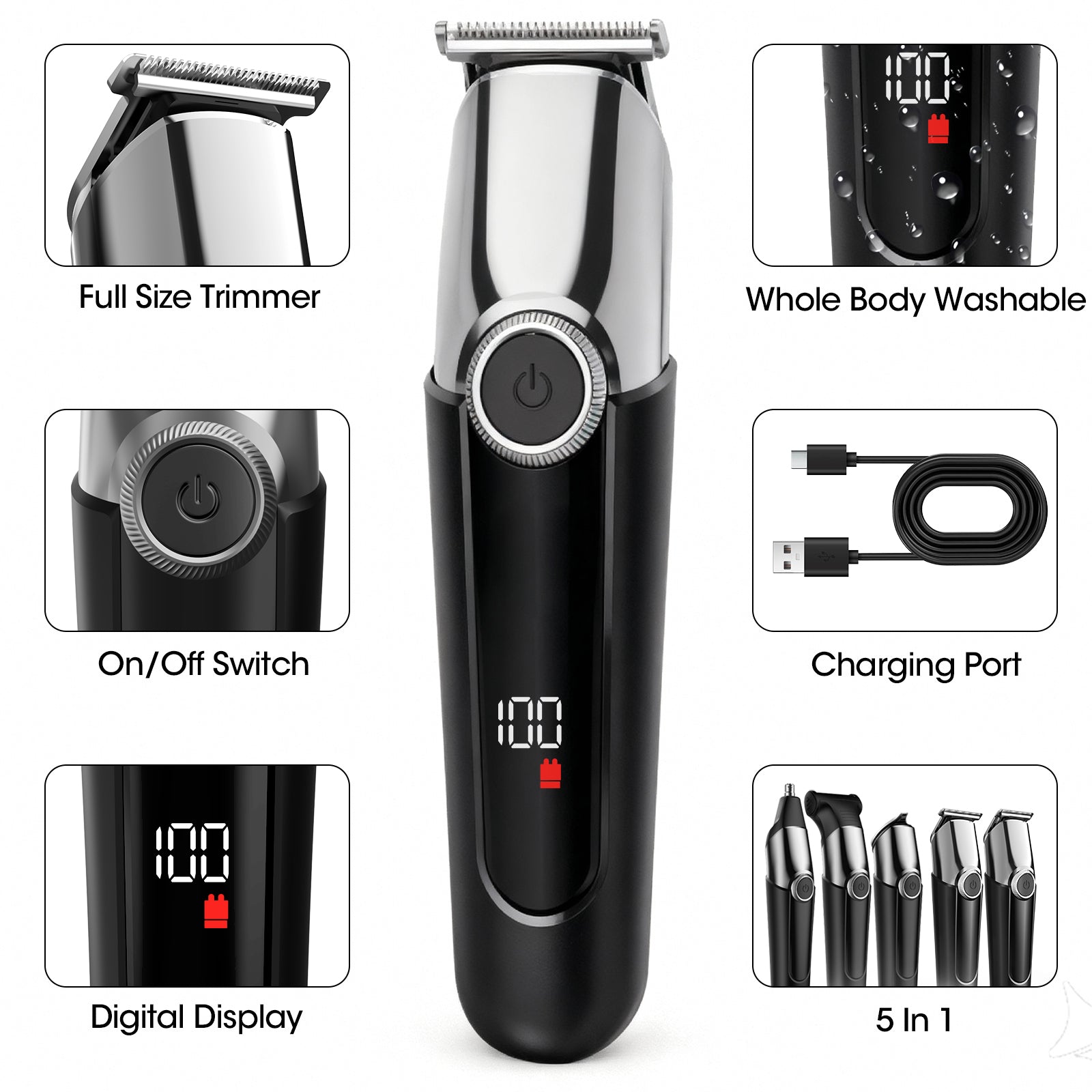 7D24HCARE 5-in-1 Pro Men's Grooming Kit - Cordless, Waterproof Electric Razor with LED Display