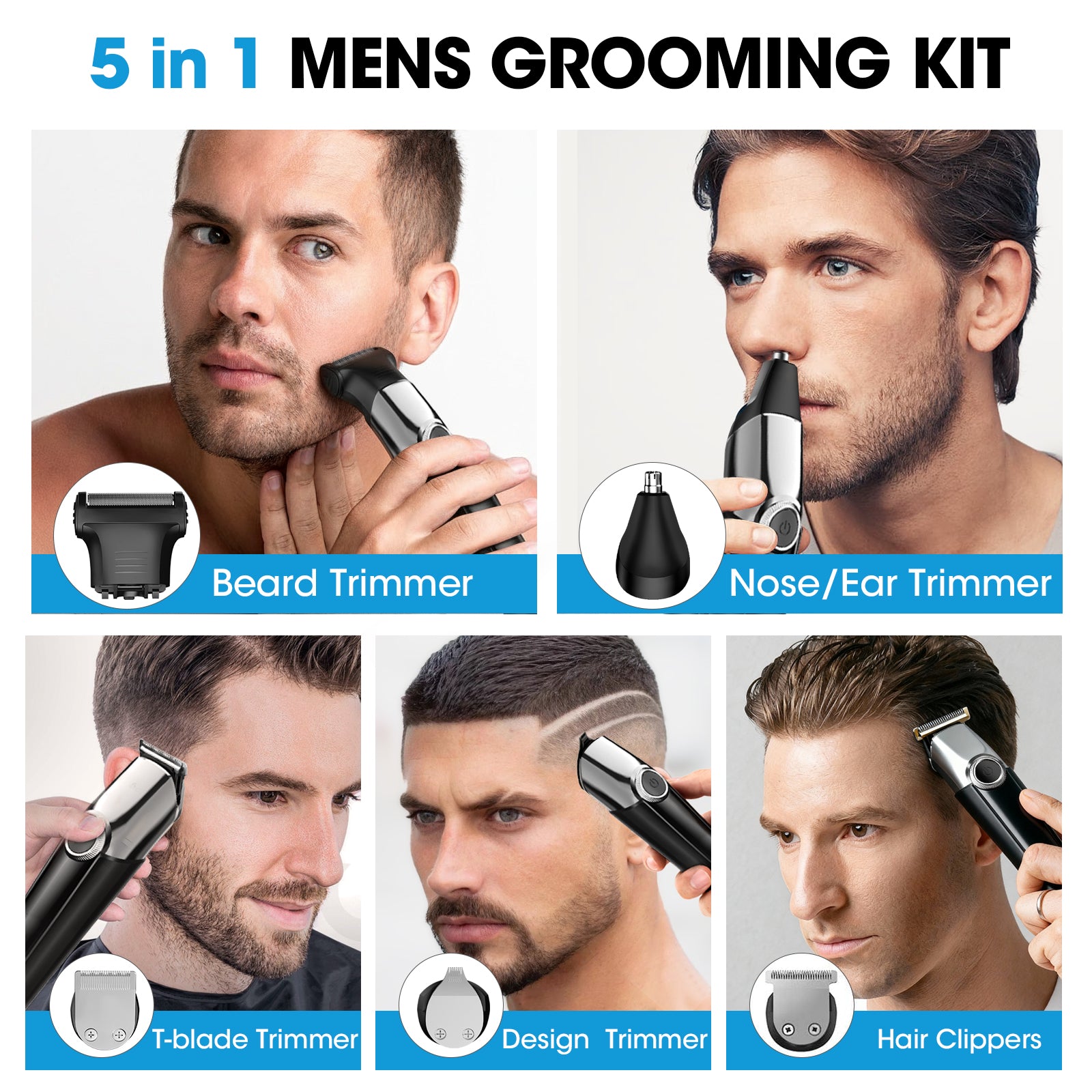 7D24HCARE 5-in-1 Pro Men's Grooming Kit - Cordless, Waterproof Electric Razor with LED Display